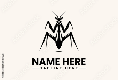 A black vector illustration of a praying mantis logo with a 'NAME HERE' and 'TAGLINE HERE' text on a beige background, featuring a simple, iconic design.
