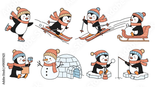 Collection of adorable cartoon penguins dressed in winter hats and scarves, engaged in various fun winter activities like skiing and ice skating.