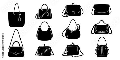 Collection of various handbag designs displayed in a grid layout on a clean background