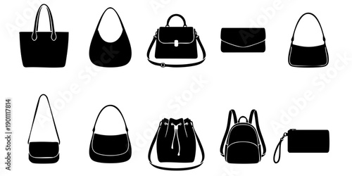 Collection of various stylish handbags and purses displayed against a clean background
