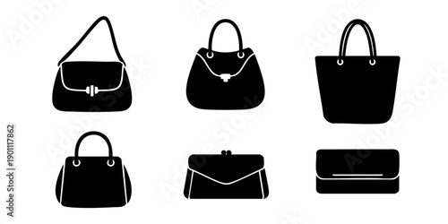 Collection of various handbags and purses displayed against a clean white background from a straightforward viewpoint