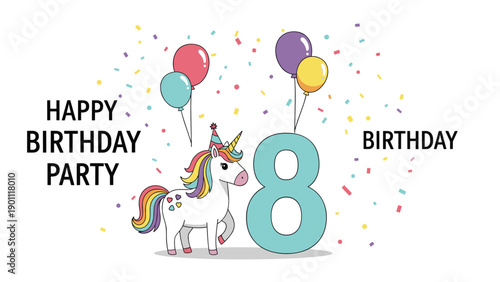 Vibrant happy birthday party banner for an 8-year-old, featuring a cute unicorn, colorful balloons, and festive confetti.