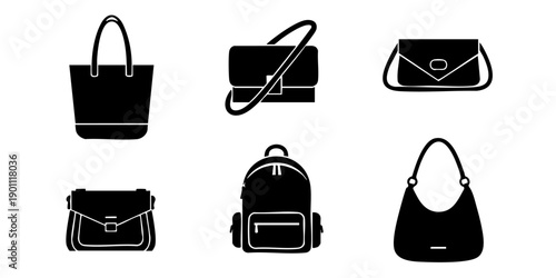 Collection of various handbags and purses illustrated in simple black and white design