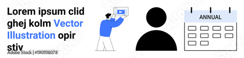 Man presenting video content, blank user icon, and annual calendar. Ideal for digital marketing, content management, event planning, scheduling, education, presentations simple landing page