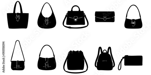 Collection of various handbags and purses displayed from a straightforward viewpoint
