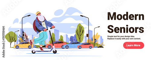Modern seniors active lifestyle elderly man riding electric scooter city street urban background colorful cars trees buildings website banner