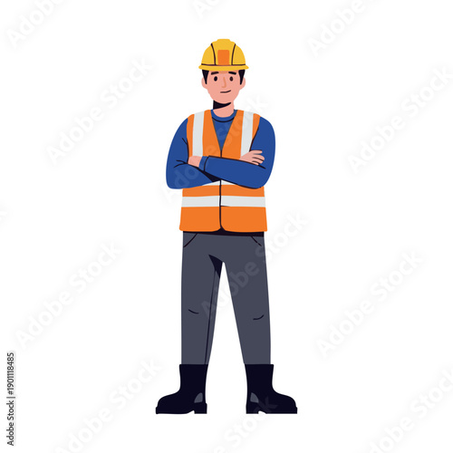A construction worker stands confidently with arms crossed wearing a hard hat and safety vest in an industrial setting viewed from the front