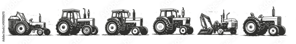 Obraz premium vintage hand drawn tractors collection