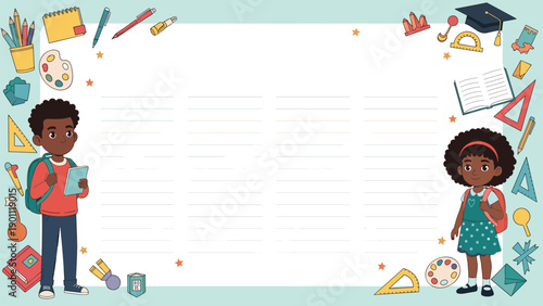 Engaging school timetable or planner template for children, featuring a diverse boy and girl student surrounded by various school supplies.