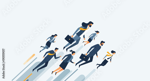 Diverse group of professionals soaring forward with ambition and success