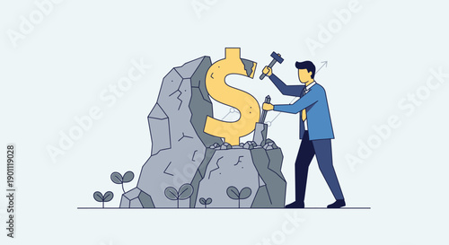 Man carves a golden dollar sign from stone, representing wealth creation and financial effort.