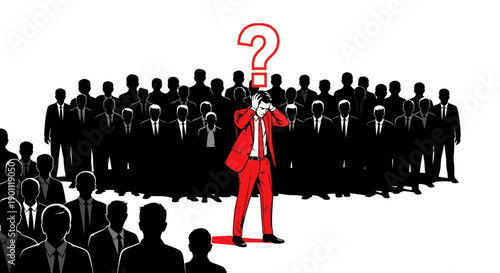 Frustrated man in red suit stands out from a dark crowd, overwhelmed by questions and confusion.