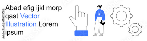 Productivity, teamwork, decision-making, business operations, user interface, workflow planning. Person holding a folder, hand gesture pointing gear icons. Business operations and productivity