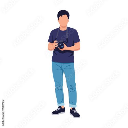A photographer standing with a camera in a casual pose, illustration, from a straightforward viewpoint
