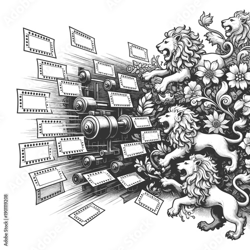 roaring lions and floral crests with a vintage film reel machine spitting out blank film frames sketch engraving generative ai vector illustration. Scratch board imitation. Black and white image.