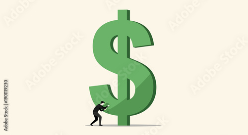 Determined business person struggles to lift a giant dollar sign, symbolizing financial challenges and effort.