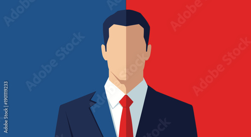 Faceless businessman in a suit divided by contrasting blue and red backgrounds symbolizing opposing viewpoints.