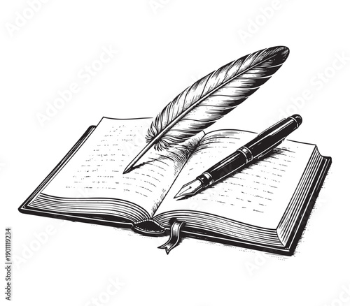 Classic Writing Instruments and Open Book Retro Hand Drawn Book and Quill Pen Black and White Art
