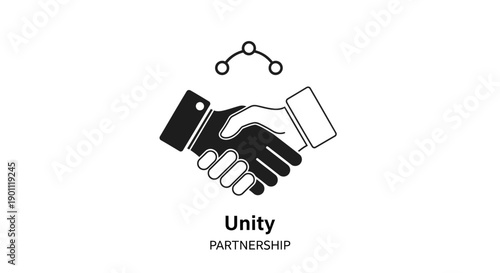 Two hands shaking in a symbol of unity and partnership, with a network graphic above