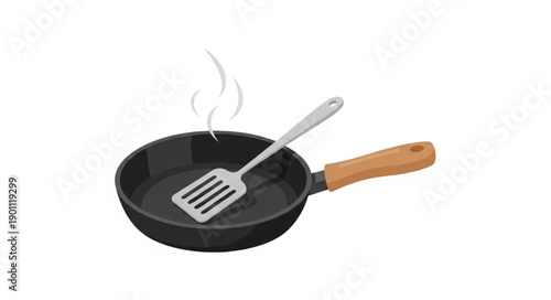 Cast iron frying pan with spatula and steam.