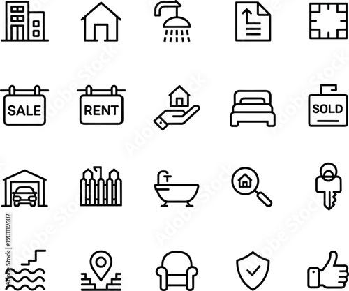 Real Estate and Property Linear Icon Set Featuring House Apartment Rent Sale Sold Signs Key Garage Bed Bathtub and Home Search Symbols for Agency Branding