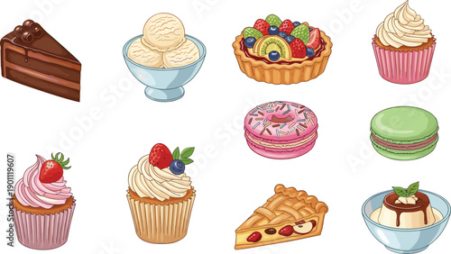 Dessert illustrations set, sweet bakery treats collection, colorful cakes cupcakes pastries, ice cream, macarons, pie, vector food icons