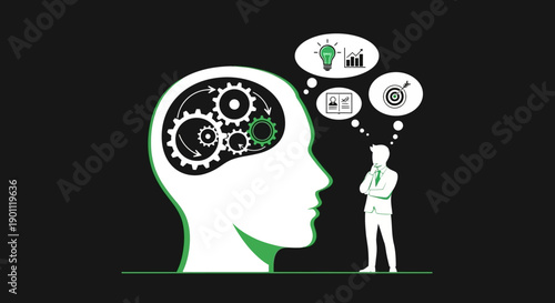 Silhouette of a person contemplating complex thoughts represented by gears and icons within a human head outline.