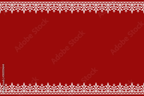 Red background with white pixel folk borders of diamonds and stepped motifs. A clean horizontal ornamental frame for textiles, trims, and decorative layouts.