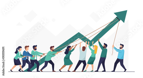 Diverse team collaborates to pull an upward trending graph, symbolizing growth and shared success.