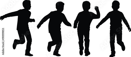 Boy silhouettes running and walking poses, child movement actions set, kids activity collection, black people vector illustration, isolated white background