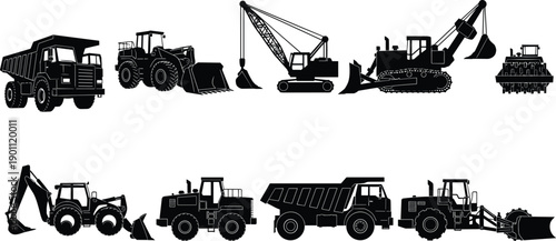 Heavy Construction Machinery Silhouettes Set Featuring Excavator Bulldozer Dump Truck Crane and Loader Icons for Industrial Building and Engineering Design