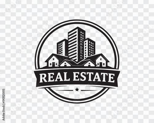 Black and White Real Estate Logo with City Buildings and Houses, Vintage Real Estate Badge Logo, Property and Construction Symbol, Real Estate Agency Logo with Skyline and Residential Houses