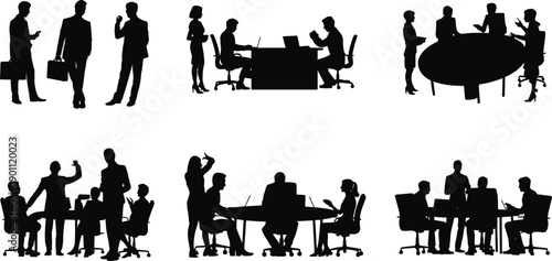 Business people silhouettes set showing corporate meetings teamwork discussions in office conference environments isolated on white background vector
