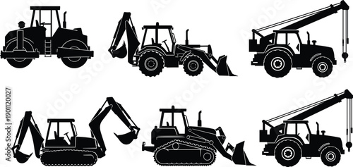Heavy Construction Machinery Silhouettes Set Featuring Road Roller Backhoe Loader Mobile Crane Excavator and Bulldozer Icons for Industrial Building Design