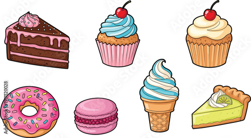 Dessert illustrations set with cake cupcake donut ice cream macaron pie, sweet food icons, colorful cartoon vector, isolated white background