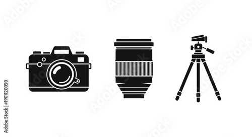 Camera Lens and Tripod Icons Vector Illustration.