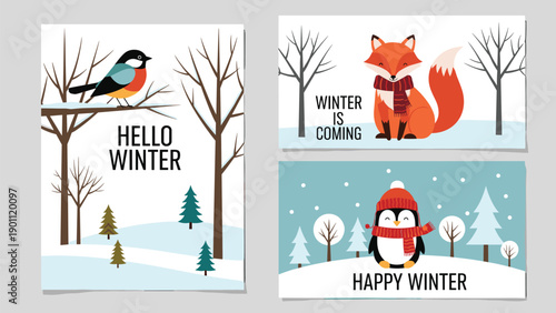 Set of three charming winter-themed greeting cards featuring a robin, a fox, and a penguin, with "Hello Winter" and "Happy Winter" messages.