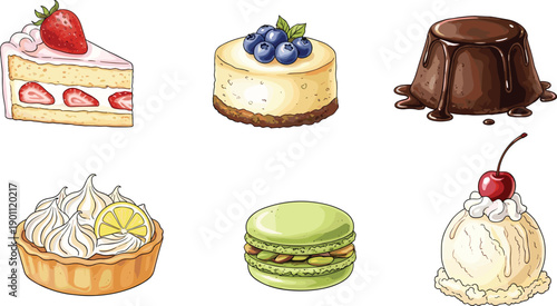 Dessert illustration set with cake cheesecake pudding tart macaron ice cream, sweet bakery food cartoon vector icons