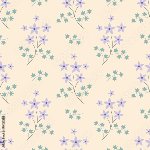 Seamless pattern with lilac flowers on a beige background