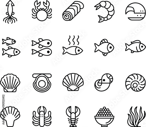 Seafood Line Icon Set Featuring Fish Shrimp Crab Lobster Squid Shellfish Caviar and Seaweed Symbols for Restaurant Menu Design Sushi Bar Branding and Marine Cuisine