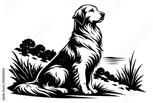 Black and white illustration of a golden retriever dog depicting an attentive pose for nature and pet themes