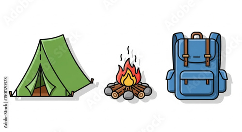 Camping Gear Tent Bonfire Backpack Isolated White Background.