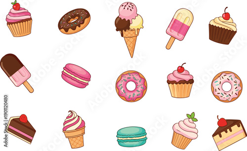 Cute dessert icon set with cupcakes donuts ice cream popsicles macarons cakes sweet bakery cartoon illustrations