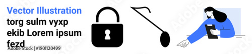 Data security, phishing prevention, online fraud, digital safety, identity protection, personal data management. Padlock, phishing hook and individual working on a document. Cybersecurity
