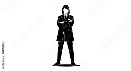 Silhouette of a woman in a trench coat standing with arms crossed.