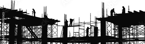 Construction site silhouettes with workers on scaffolding assembling concrete framework illustrating building progress and teamwork isolated on white background vector
