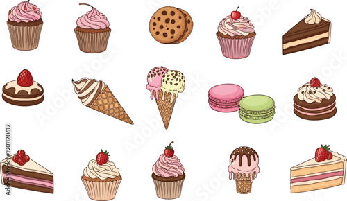 Hand drawn dessert icons with cupcakes cookies cake ice cream macarons sweet bakery illustration set