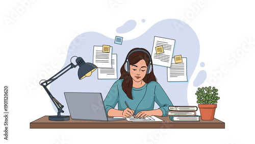 Young woman studying or working from home, wearing headphones, writing notes at a desk with a laptop, lamp, and potted plant.