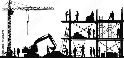 Construction site silhouette with tower crane excavator and workers building multi story structure framework isolated on white background vector illustration