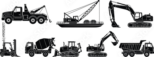 Set of construction heavy equipment machinery vector icons including excavator crane tow truck cement mixer bulldozer forklift and dump truck